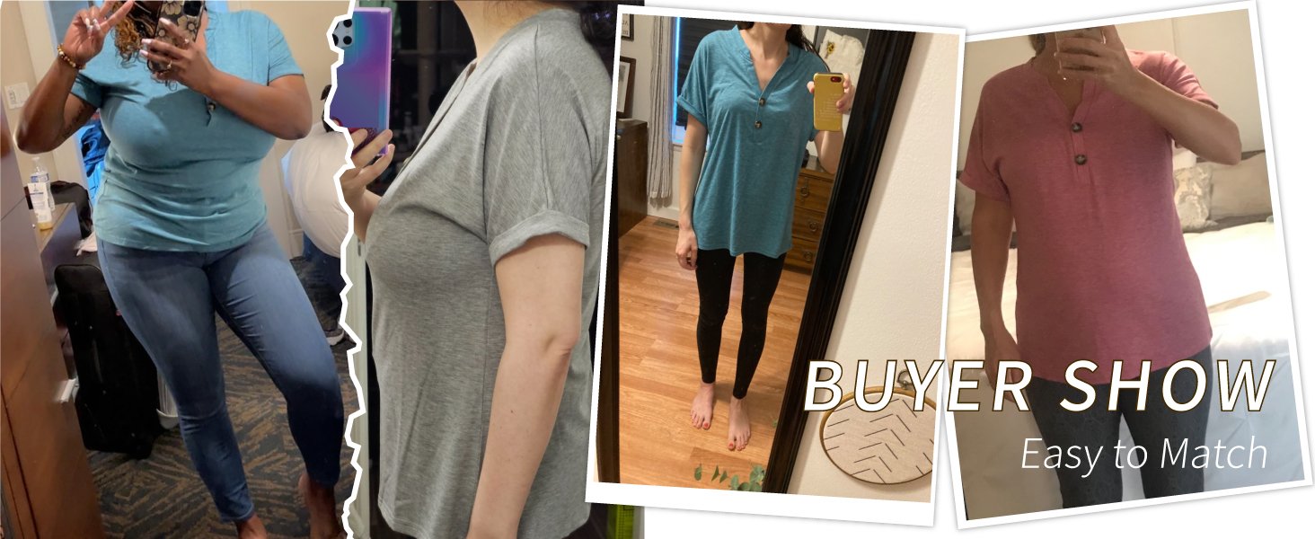 V Neck T Shirt Buttons Tops Long Saonta Tee Solid Color Blouse Loose Fit Tshirts Fall Tunic