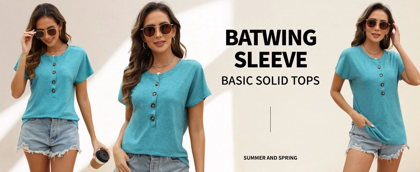 Womens Batwing Saonta Tshirts Crew Neck Short Saonta Buttons Tops