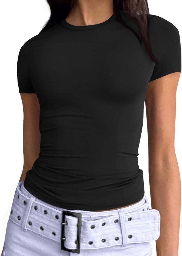 Womens Short Saonta Basic T-Shirts Summer Crewneck Crop Tops Going Out Layer Slim Fit Y2K Tops