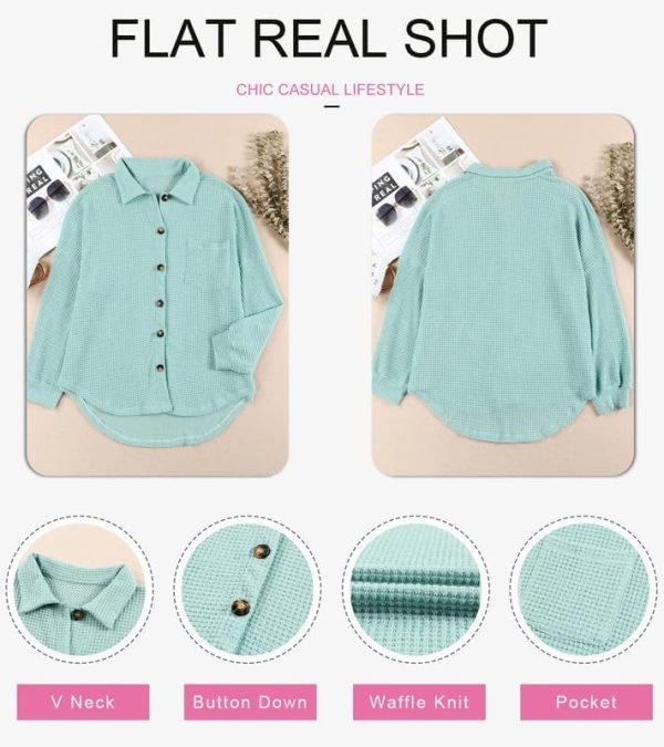Womens Waffle Knit Shacket Jacket Casual Long Saonta Button Down Shirts Dressy Blouses Tops