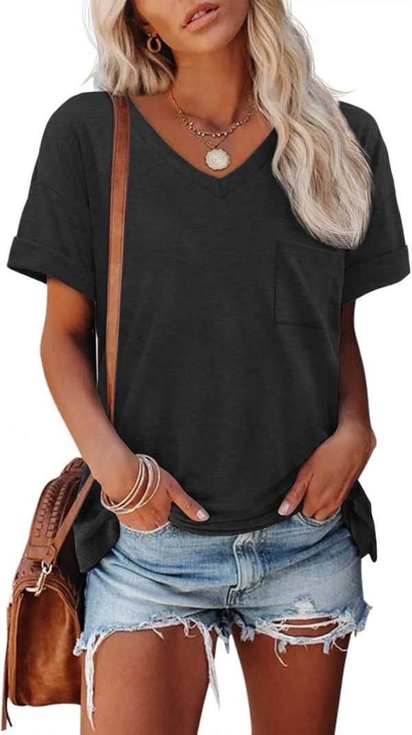 Womens T Shirts 2024 Short Saonta V-Neck Shirts Cute Fit Summer Casual Tee Tops S-XXL