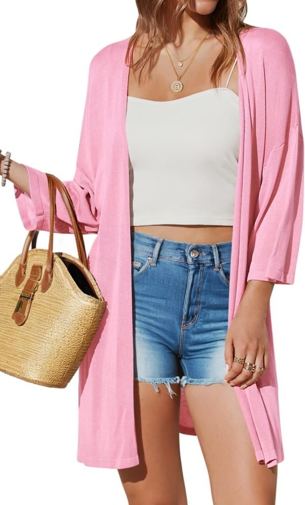 Womens 2024 Casual 3/4 Short Saonta Open Front Cardigan Lightweight Kimono Summer Beach Outfits