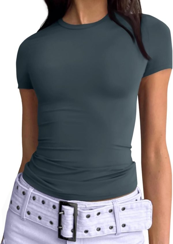 Womens Short Saonta Basic T-Shirts Summer Crewneck Crop Tops Going Out Layer Slim Fit Y2K Tops