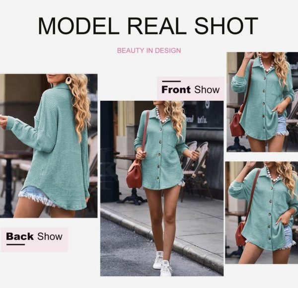 Womens Waffle Knit Shacket Jacket Casual Long Saonta Button Down Shirts Dressy Blouses Tops