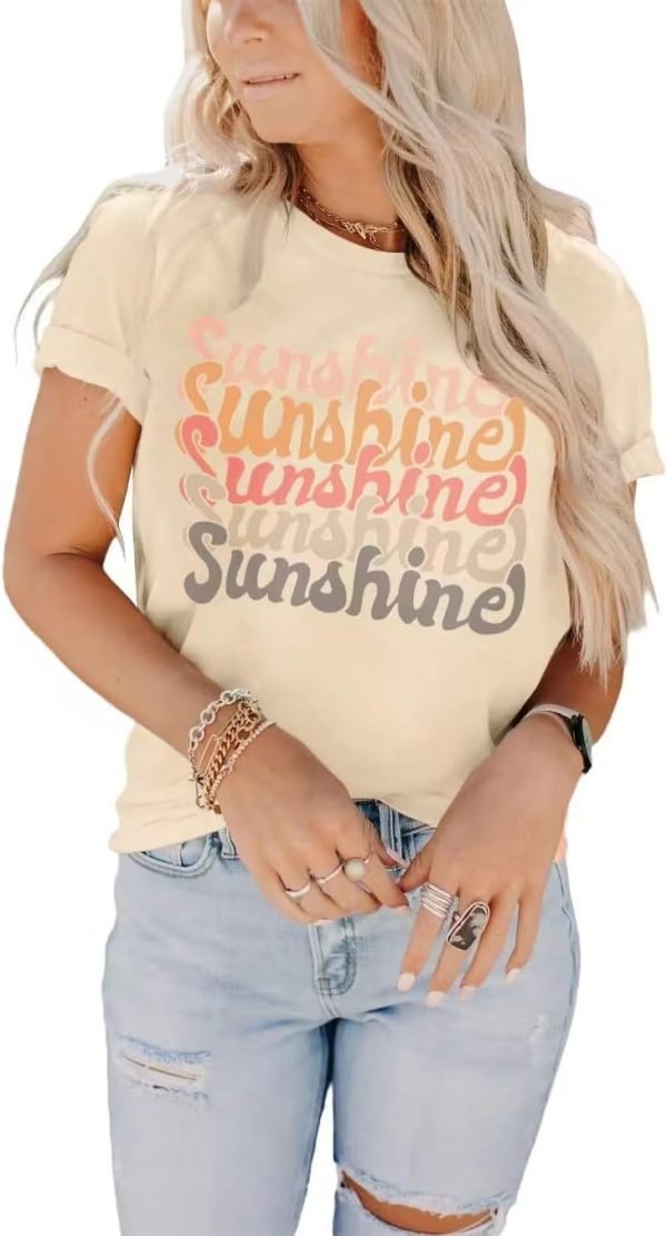 Womens Funny Letters Print T Shirts Short Saonta Shirts Cute Sunshine Graphic Tees Summer Casual Loose Tops