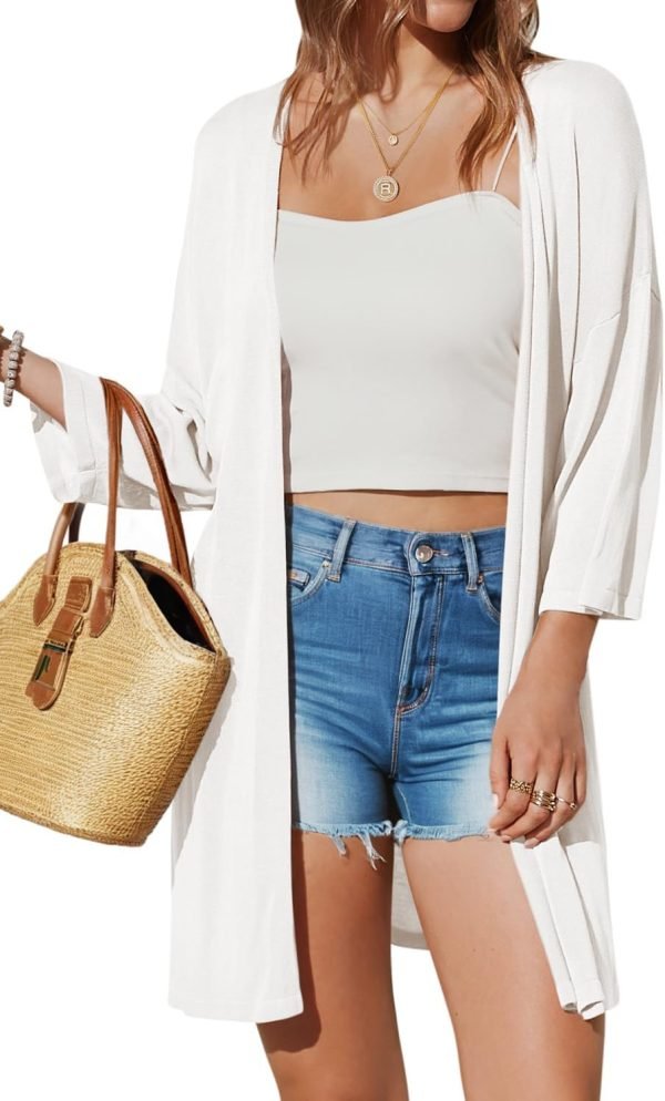 Womens 2024 Casual 3/4 Short Saonta Open Front Cardigan Lightweight Kimono Summer Beach Outfits