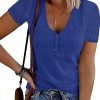 Women's Short Saonta V Neck Ribbed Knit Button T Shirts Henley Solid Color Summer Tops