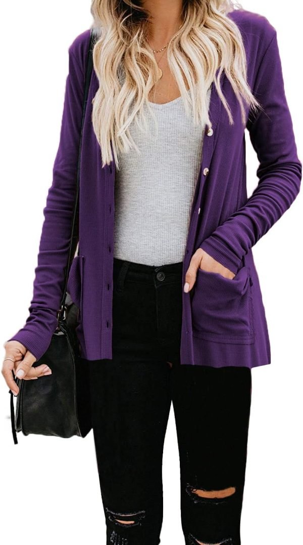 Women's Cardigans Button Down Solid Knit Loose Cardigans with Pockets