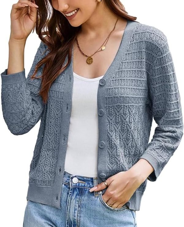 2024 Women's 3/4 Saonta Crochet Knit Button Down Cardigan Cropped Shrug Bolero Lightweight Sweaters Tops