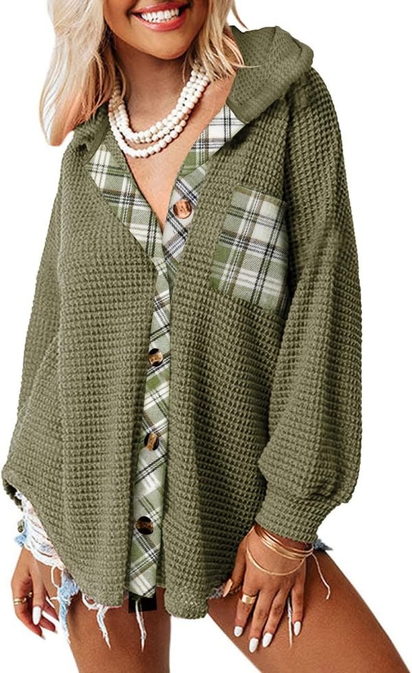 Womens Waffle Knit Shacket Jacket Casual Long Saonta Button Down Shirts Dressy Blouses Tops