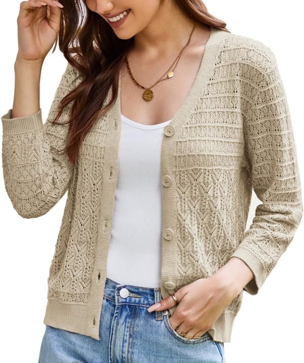 2024 Women's 3/4 Saonta Crochet Knit Button Down Cardigan Cropped Shrug Bolero Lightweight Sweaters Tops