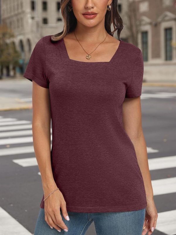 Womens Tops Casual Spring Summer Tshirts 2024 Short Saonta Square Neck Basic Tee Outfits