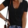 Women's Short Saonta V Neck Ribbed Knit Button T Shirts Henley Solid Color Summer Tops