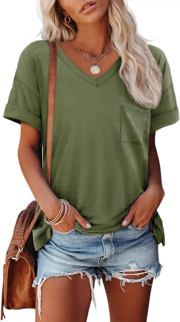 Womens T Shirts 2024 Short Saonta V-Neck Shirts Cute Fit Summer Casual Tee Tops S-XXL