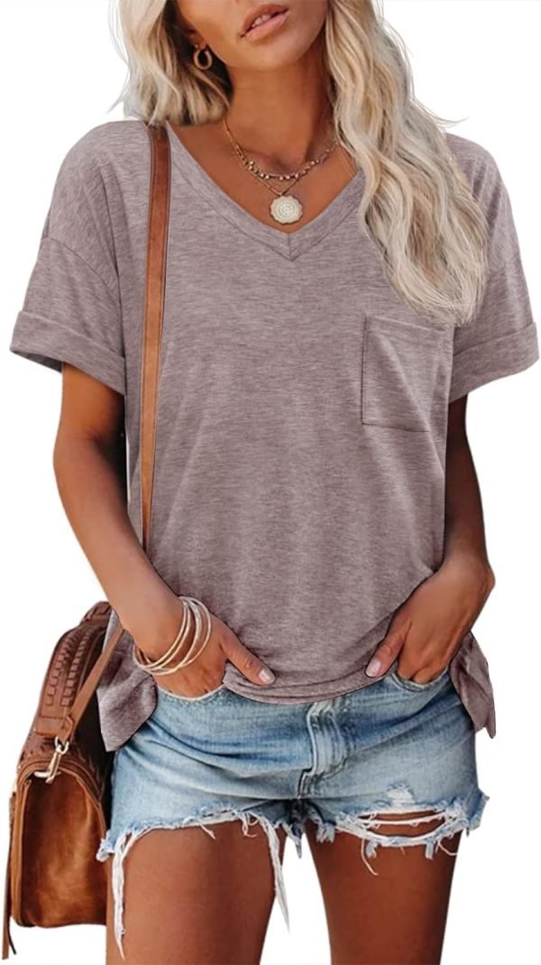 Womens T Shirts 2024 Short Saonta V-Neck Shirts Cute Fit Summer Casual Tee Tops S-XXL