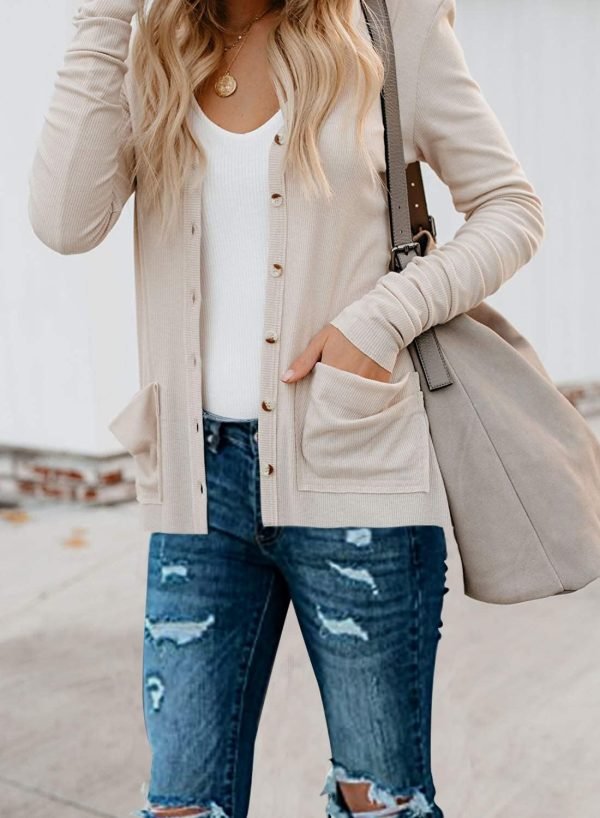 Women's Cardigans Button Down Solid Knit Loose Cardigans with Pockets