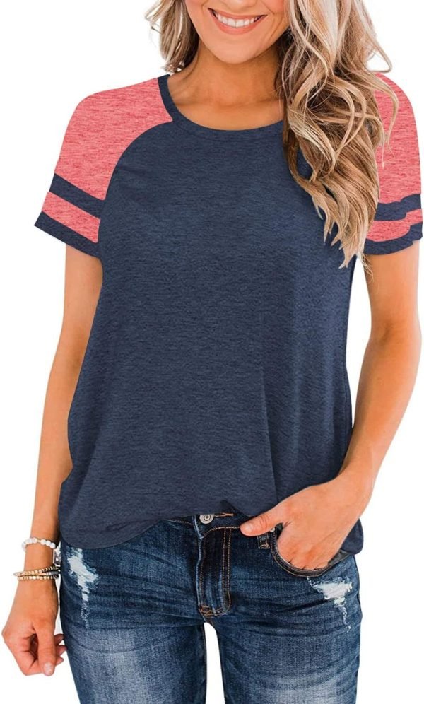 Womens Shirts Casual Tunic Tops Color Block Crewneck Summer Loose Fitting Workout Tee Shirts