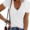 Women's Short Saonta V Neck Ribbed Knit Button T Shirts Henley Solid Color Summer Tops