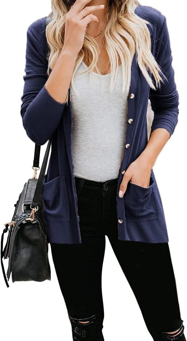 Women's Cardigans Button Down Solid Knit Loose Cardigans with Pockets