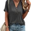 Womens Tshirts V Neck Short Saonta Buttons Tops Tee Solid Color Blouse Loose Fit