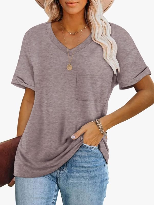 Womens T Shirts 2024 Short Saonta V-Neck Shirts Cute Fit Summer Casual Tee Tops S-XXL