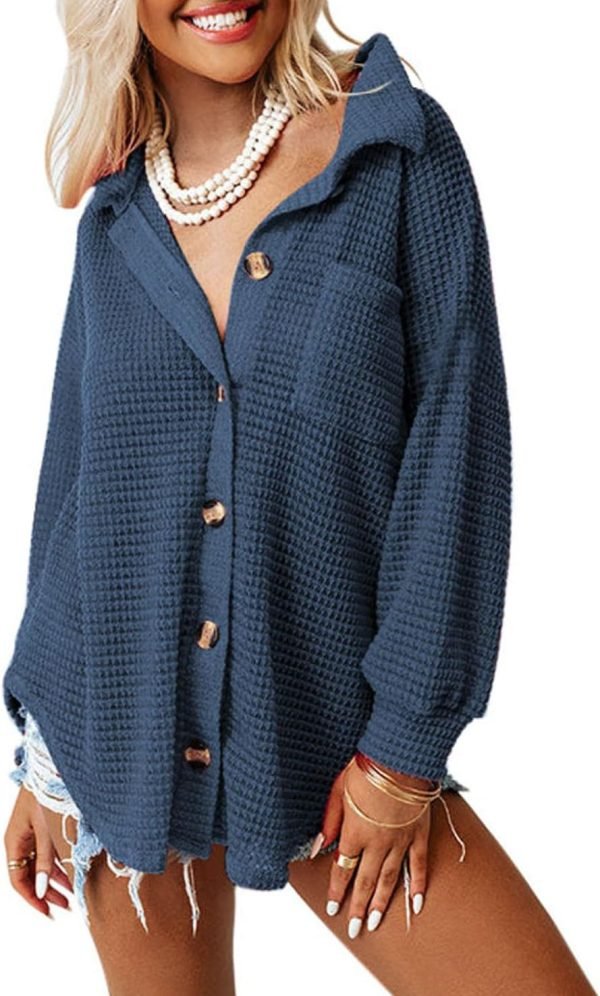 Womens Waffle Knit Shacket Jacket Casual Long Saonta Button Down Shirts Dressy Blouses Tops