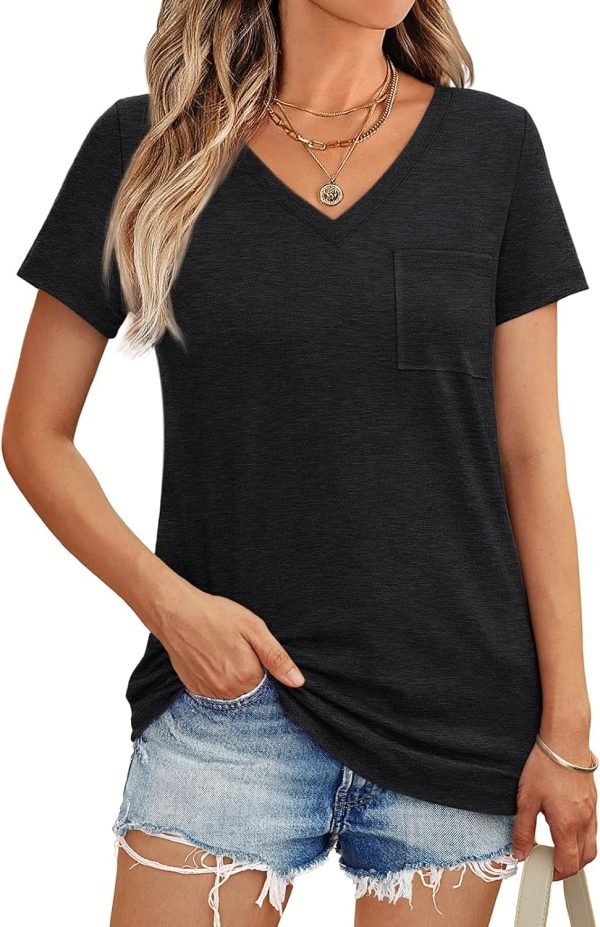 Womens T Shirts Short Saonta V Neck Tops with Pockets Summer Fashion Trendy Soft Casual Comfy Outfits Clothes 2024