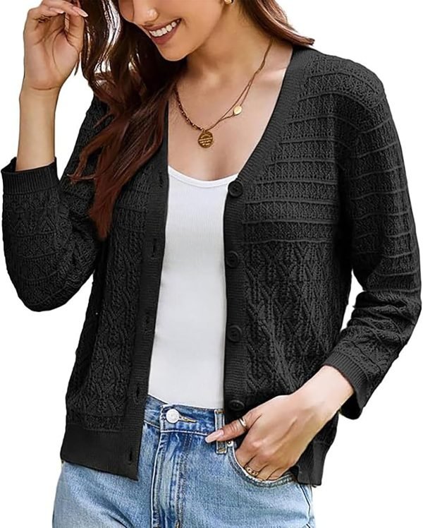 2024 Women's 3/4 Saonta Crochet Knit Button Down Cardigan Cropped Shrug Bolero Lightweight Sweaters Tops