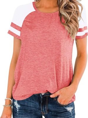 Womens Shirts Casual Tunic Tops Color Block Crewneck Summer Loose Fitting Workout Tee Shirts
