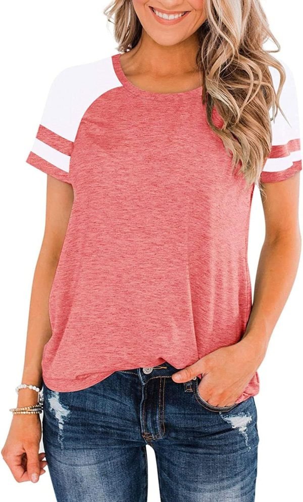 Womens Shirts Casual Tunic Tops Color Block Crewneck Summer Loose Fitting Workout Tee Shirts