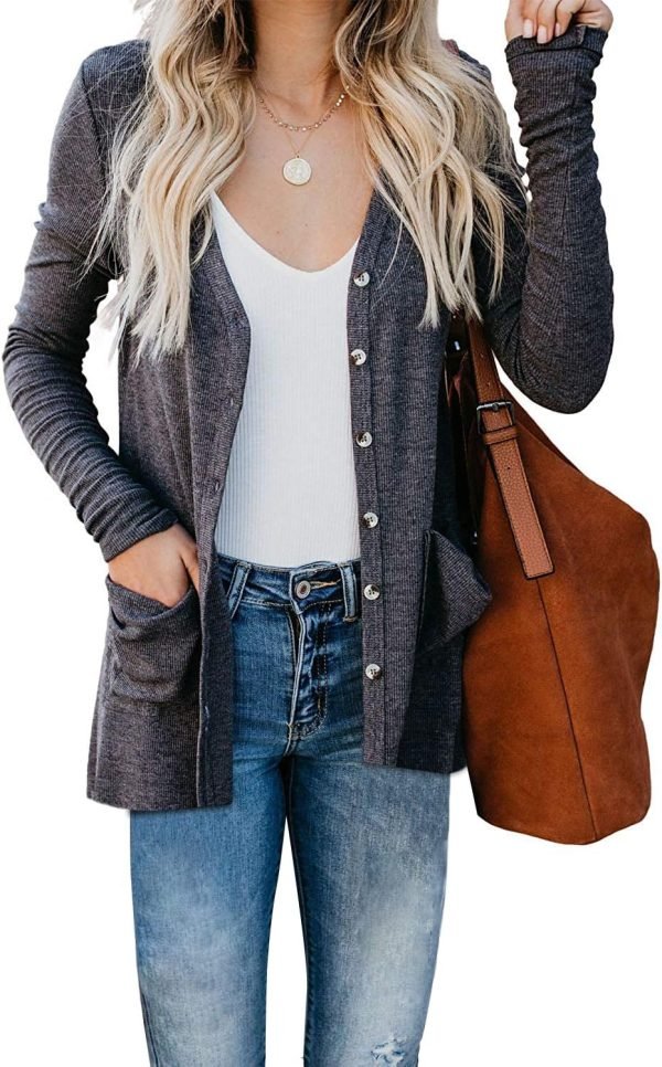 Women's Cardigans Button Down Solid Knit Loose Cardigans with Pockets