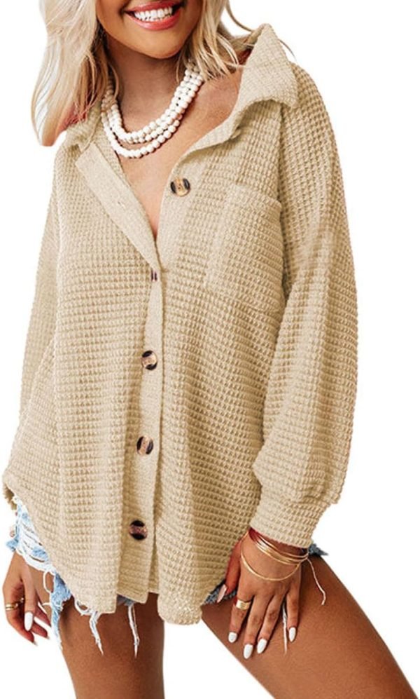 Womens Waffle Knit Shacket Jacket Casual Long Saonta Button Down Shirts Dressy Blouses Tops