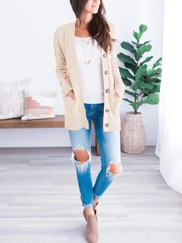 Womens Open Front Cardigan Fashion Button Down Cable Knit Chunky Outwear Coats