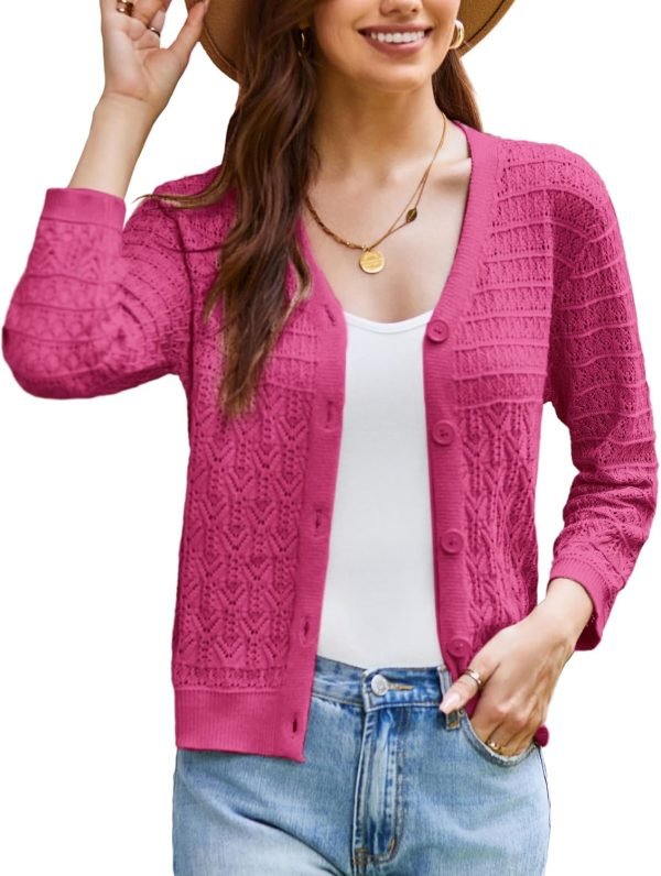 2024 Women's 3/4 Saonta Crochet Knit Button Down Cardigan Cropped Shrug Bolero Lightweight Sweaters Tops