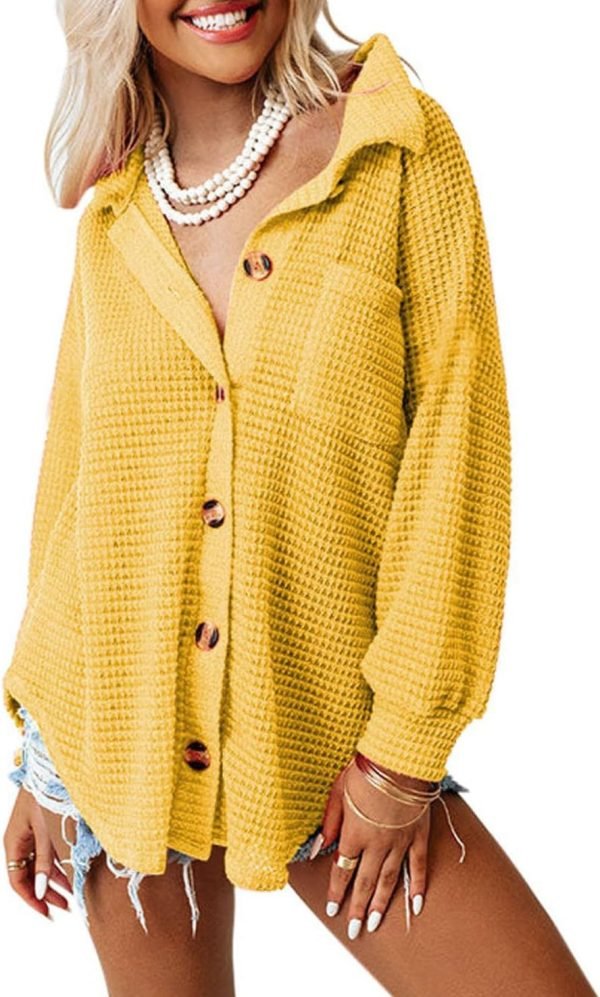 Womens Waffle Knit Shacket Jacket Casual Long Saonta Button Down Shirts Dressy Blouses Tops