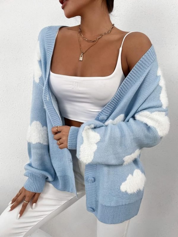 Women's Button Down V Neck Long Saonta Cloud Open Front Knit Cardigan Sweater