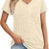 Womens T Shirts Short Saonta V Neck Tops with Pockets Summer Fashion Trendy Soft Casual Comfy Outfits Clothes 2024