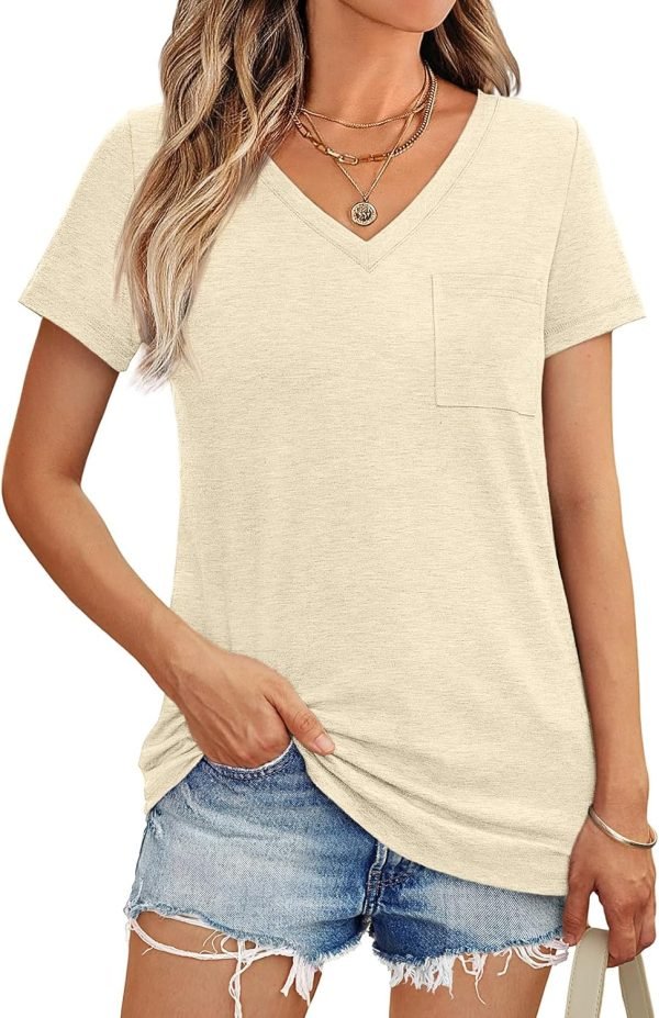 Womens T Shirts Short Saonta V Neck Tops with Pockets Summer Fashion Trendy Soft Casual Comfy Outfits Clothes 2024