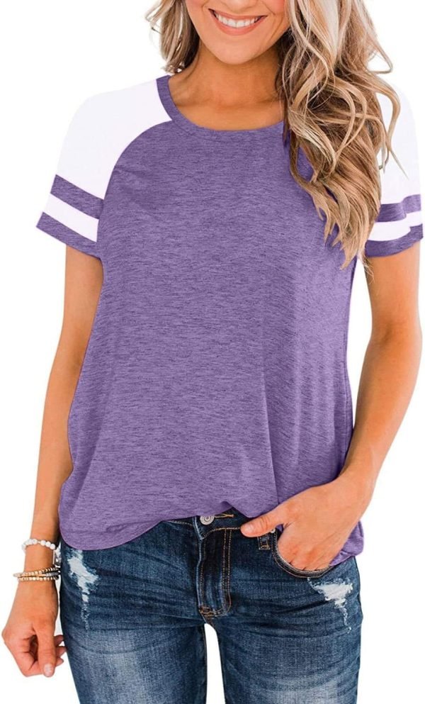 Womens Shirts Casual Tunic Tops Color Block Crewneck Summer Loose Fitting Workout Tee Shirts