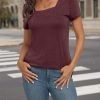 Womens Tops Casual Spring Summer Tshirts 2024 Short Saonta Square Neck Basic Tee Outfits
