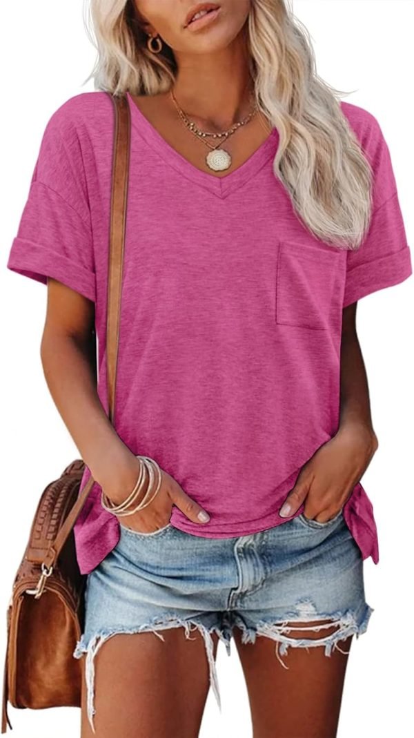 Womens T Shirts 2024 Short Saonta V-Neck Shirts Cute Fit Summer Casual Tee Tops S-XXL