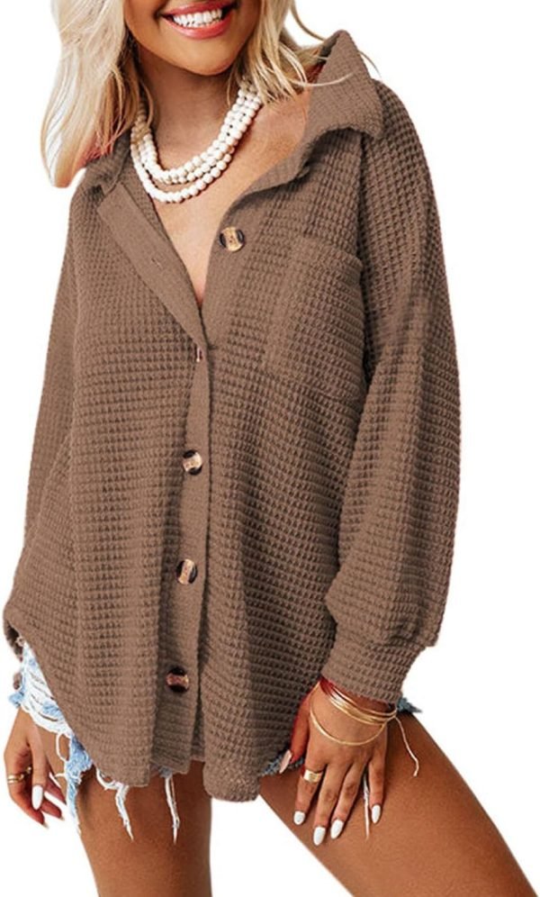 Womens Waffle Knit Shacket Jacket Casual Long Saonta Button Down Shirts Dressy Blouses Tops