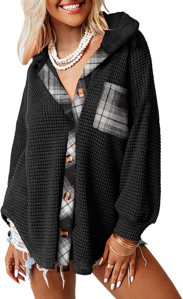 Womens Waffle Knit Shacket Jacket Casual Long Saonta Button Down Shirts Dressy Blouses Tops