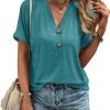 Womens Tshirts V Neck Short Saonta Buttons Tops Tee Solid Color Blouse Loose Fit