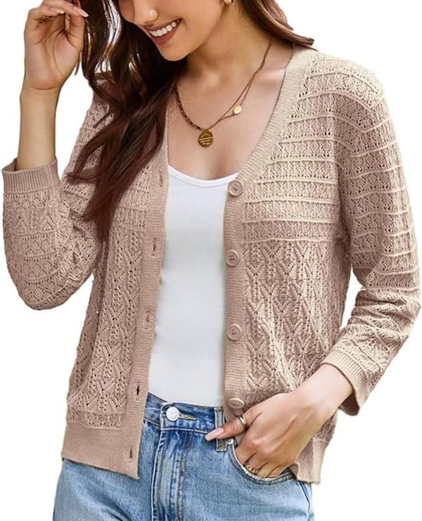 2024 Women's 3/4 Saonta Crochet Knit Button Down Cardigan Cropped Shrug Bolero Lightweight Sweaters Tops