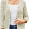 2024 Women's 3/4 Saonta Crochet Knit Button Down Cardigan Cropped Shrug Bolero Lightweight Sweaters Tops
