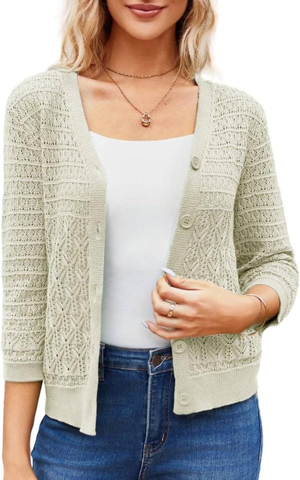 2024 Women's 3/4 Saonta Crochet Knit Button Down Cardigan Cropped Shrug Bolero Lightweight Sweaters Tops