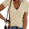 Women's Short Saonta V Neck Ribbed Knit Button T Shirts Henley Solid Color Summer Tops