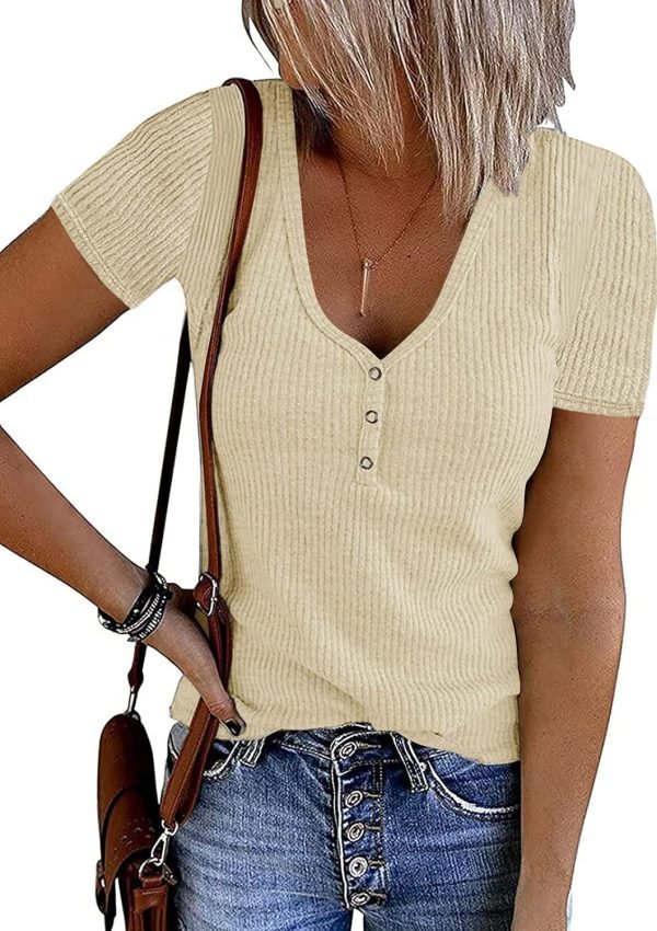 Women's Short Saonta V Neck Ribbed Knit Button T Shirts Henley Solid Color Summer Tops