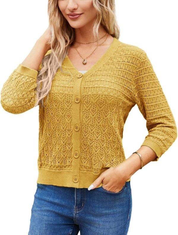 2024 Women's 3/4 Saonta Crochet Knit Button Down Cardigan Cropped Shrug Bolero Lightweight Sweaters Tops